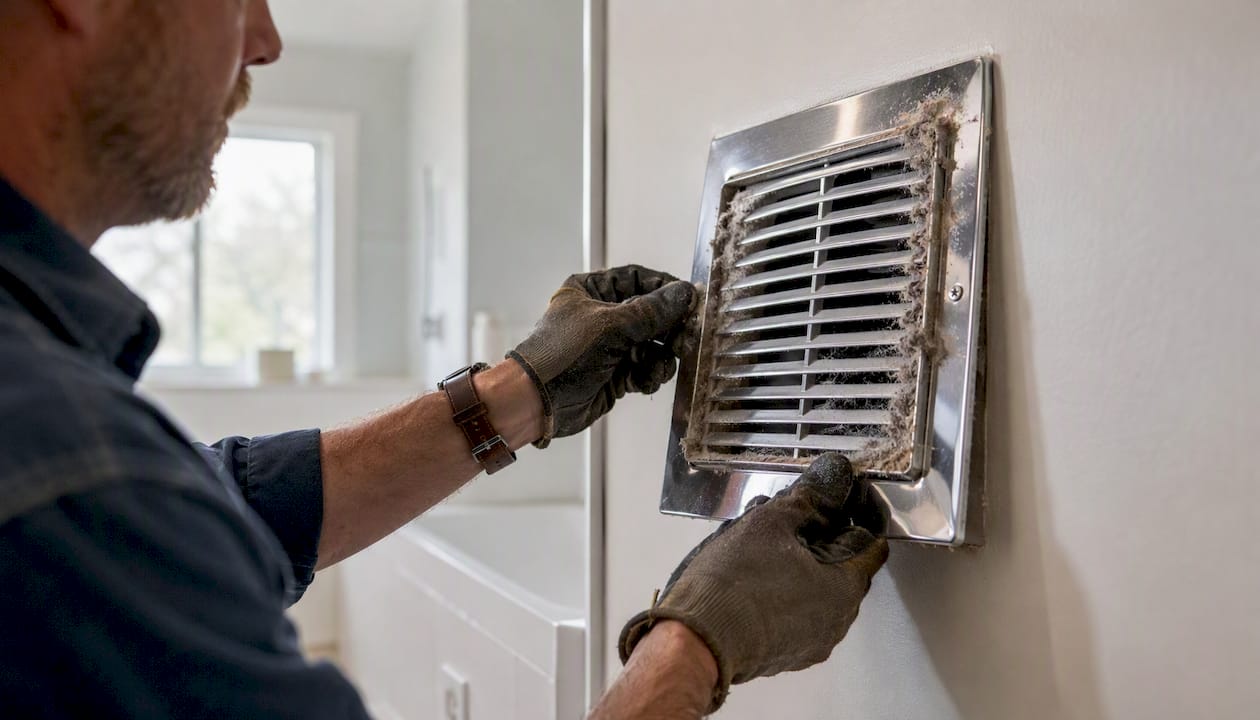 Hands adjusting dusty return air vent