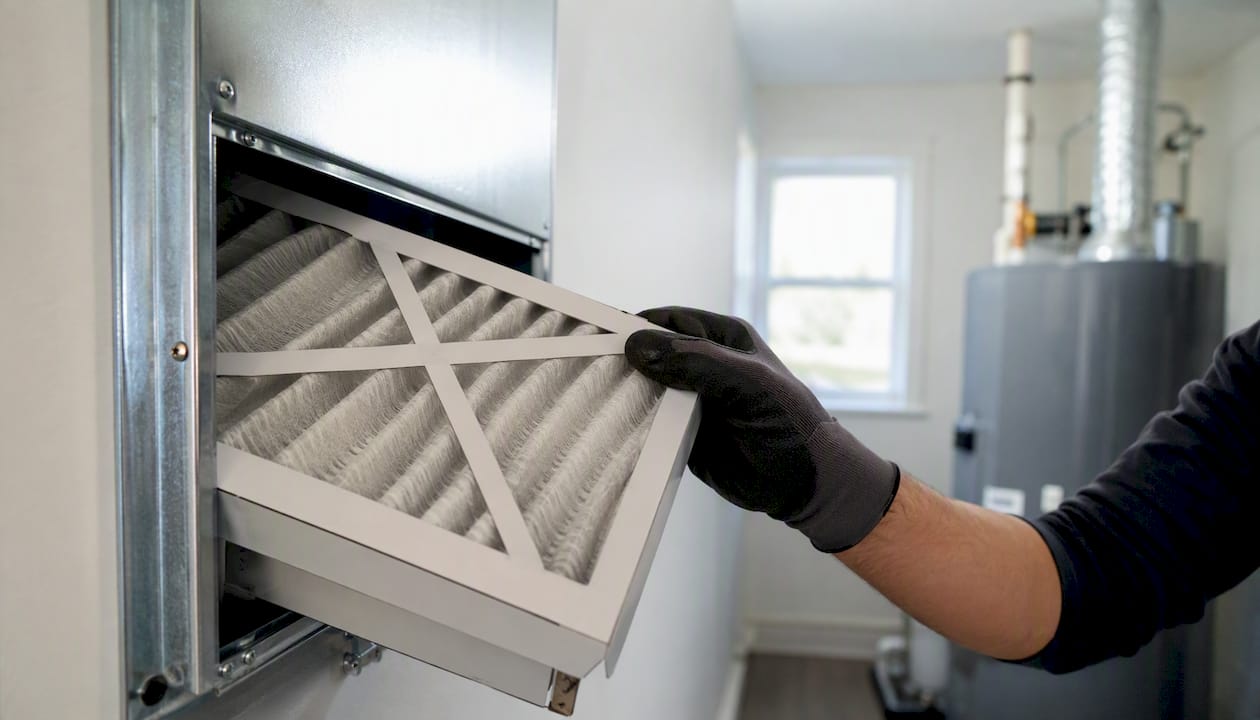 Hand installing MERV 13 air filter