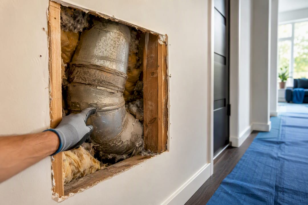 Contractor inspecting exposed retrofit ductwork