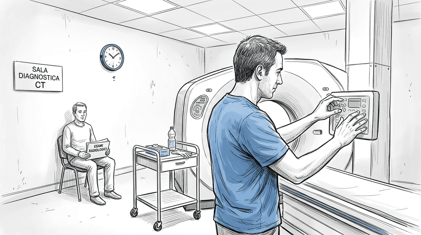 Un tecnico sta predisponendo la TAC per verificare lo stato della protesi.