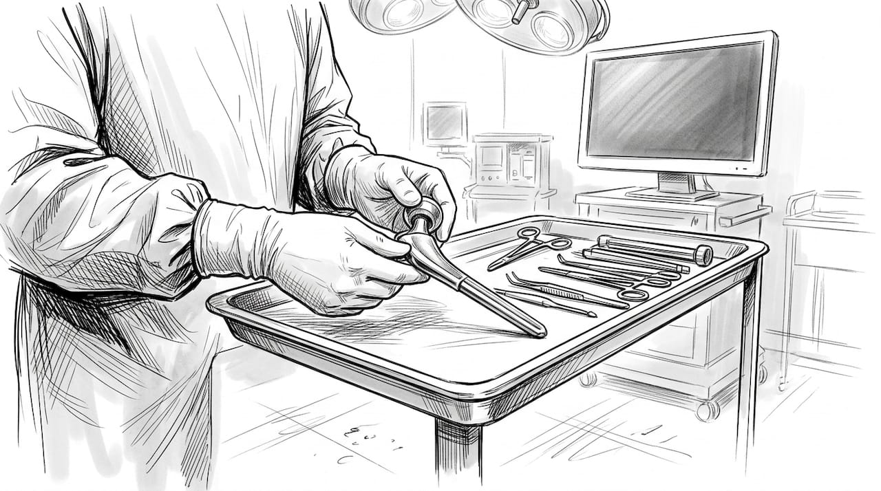 Il chirurgo si prepara per l’impianto di una protesi all’anca in sala operatoria.