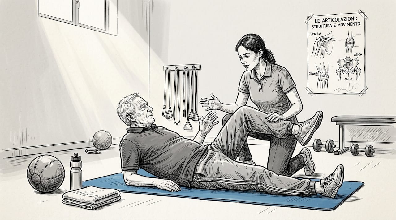 Seduta di riabilitazione: il fisioterapista segue il paziente durante gli esercizi