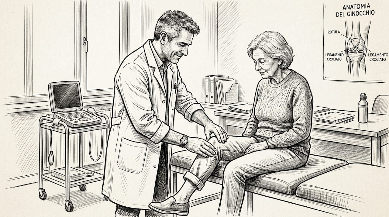 Una signora anziana viene visitata dal medico ortopedico.