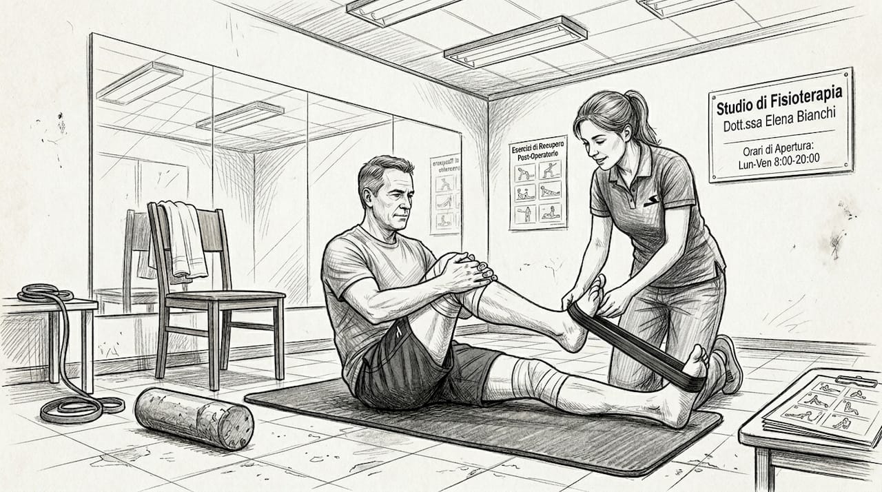 Dopo l’intervento chirurgico, un uomo si dedica a esercizi di stretching guidato dal fisioterapista.