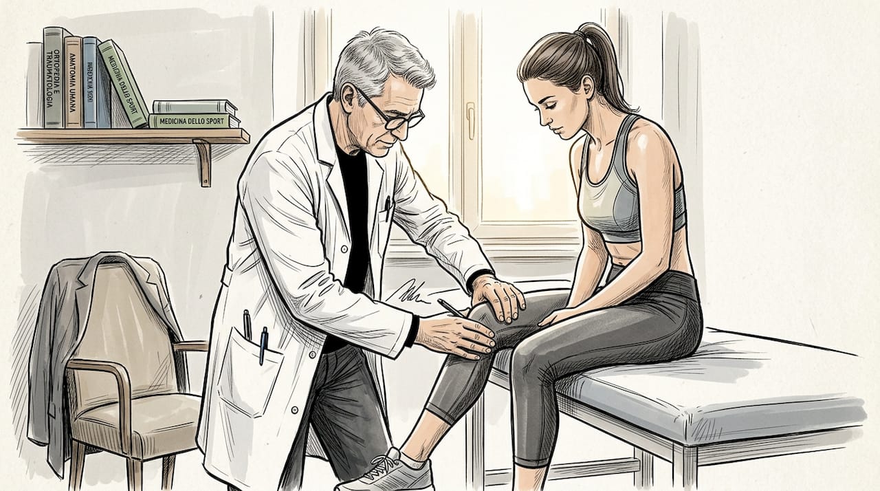 Visita ortopedica: il medico esamina il ginocchio del paziente in ambulatorio