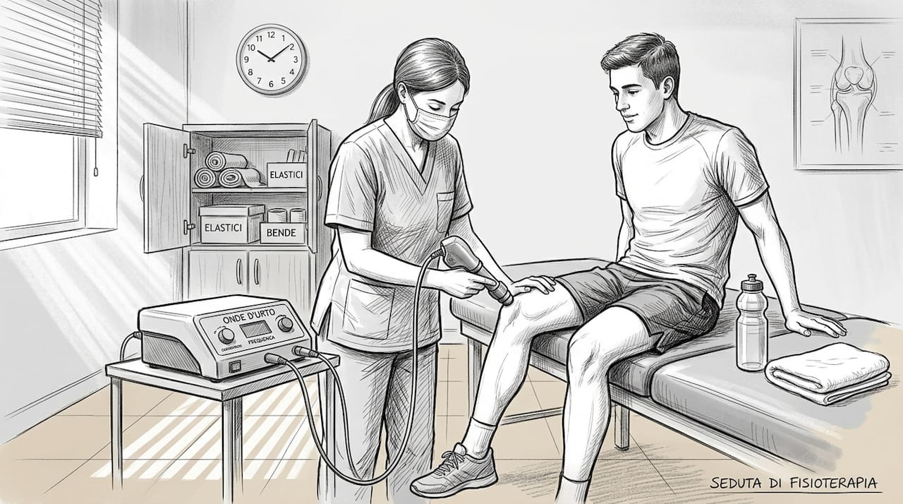 Un fisioterapista sta eseguendo una terapia con onde d’urto sul ginocchio di un paziente.