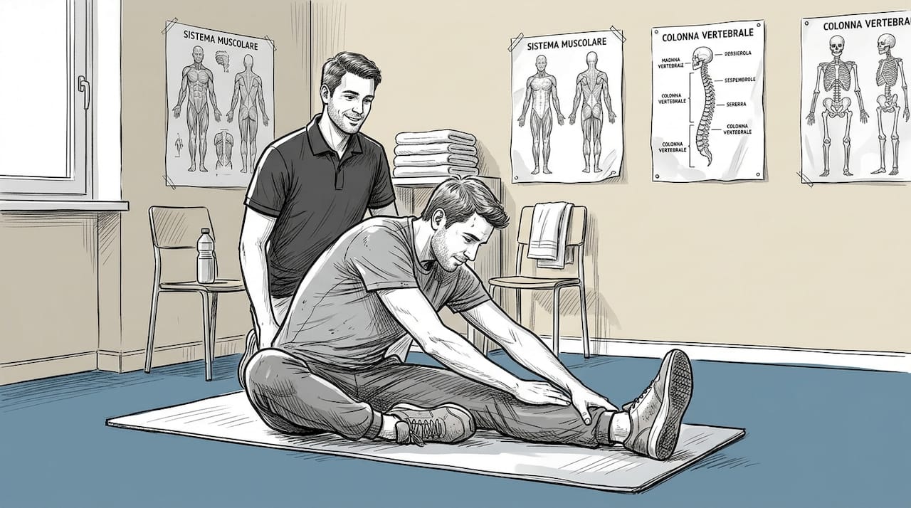 Il paziente svolge esercizi di stretching guidato dal fisioterapista.