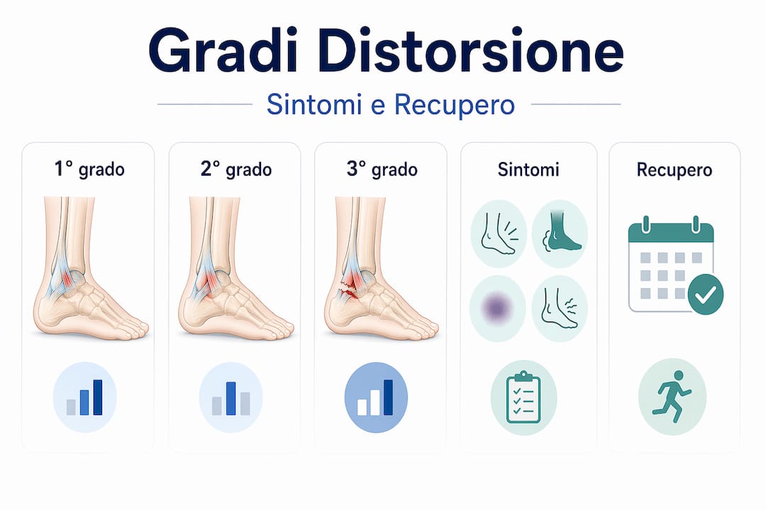Infografica sulle tipologie di distorsione, i principali sintomi e i tempi di recupero