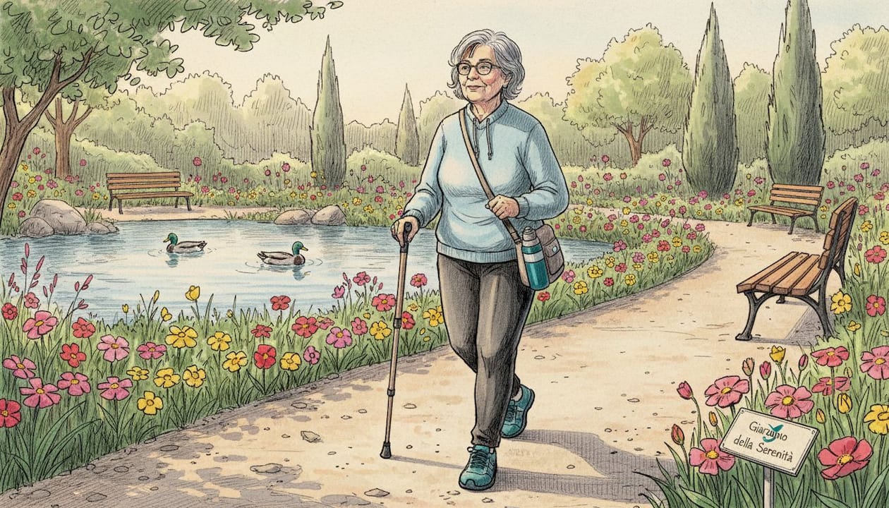 Una donna passeggia all'aria aperta per prendersi cura della propria salute e mantenere uno stile di vita sano.