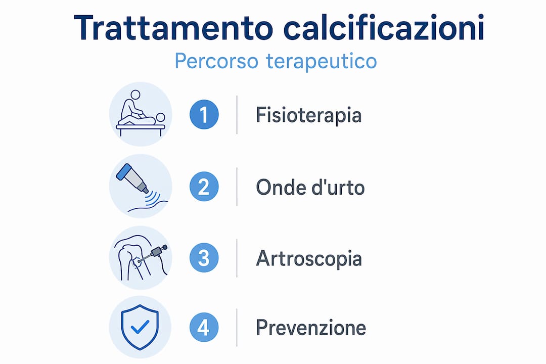 Infografica sul percorso di cura delle calcificazioni: tutte le fasi del trattamento spiegate in modo chiaro e visivo.