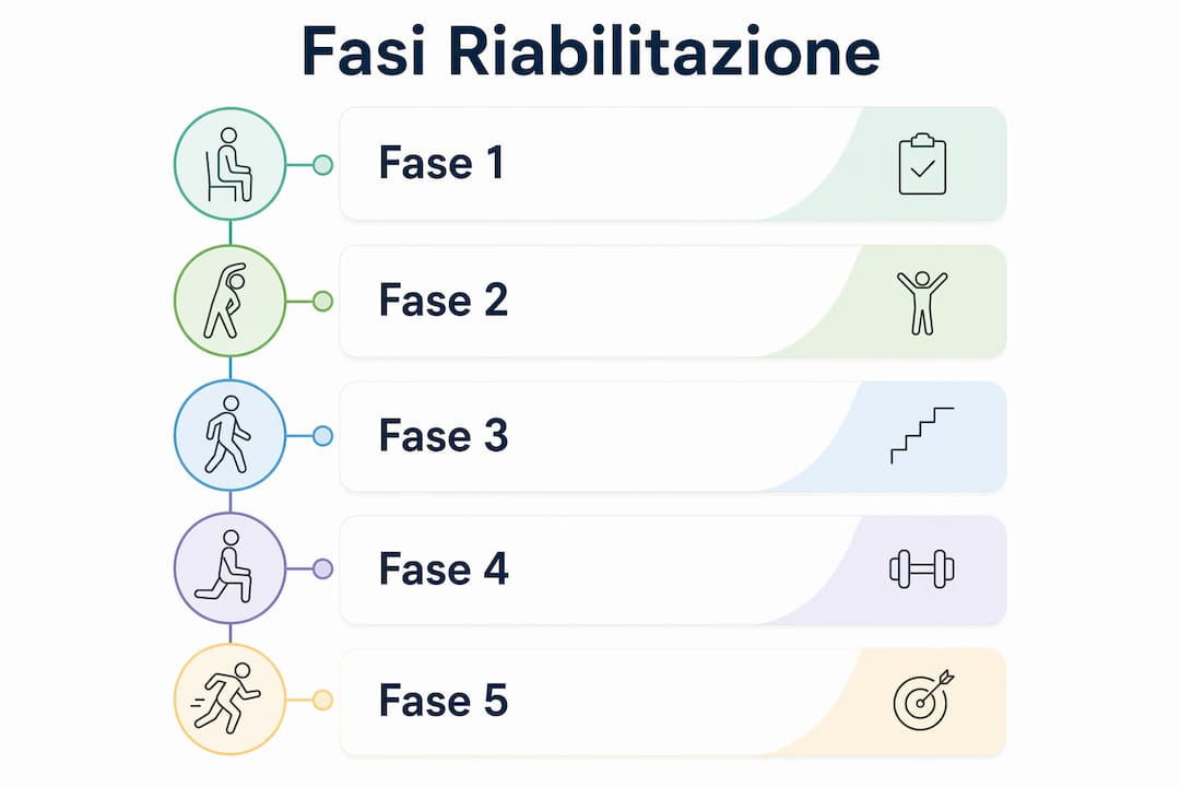 Grafico illustrato delle tappe della riabilitazione dopo l’impianto di una protesi al ginocchio