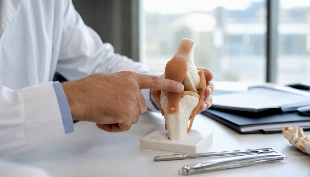 Un ortopedico osserva attentamente un modello anatomico del ginocchio per valutare le possibili problematiche articolari.