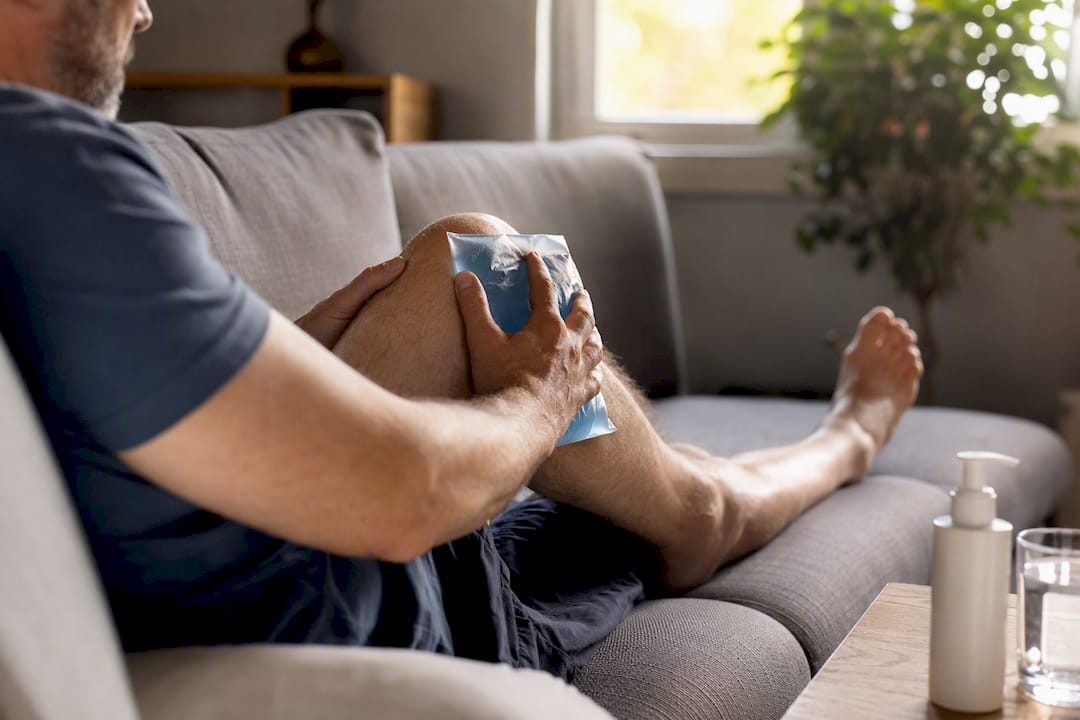 Paziente che applica un impacco freddo su un ginocchio gonfio