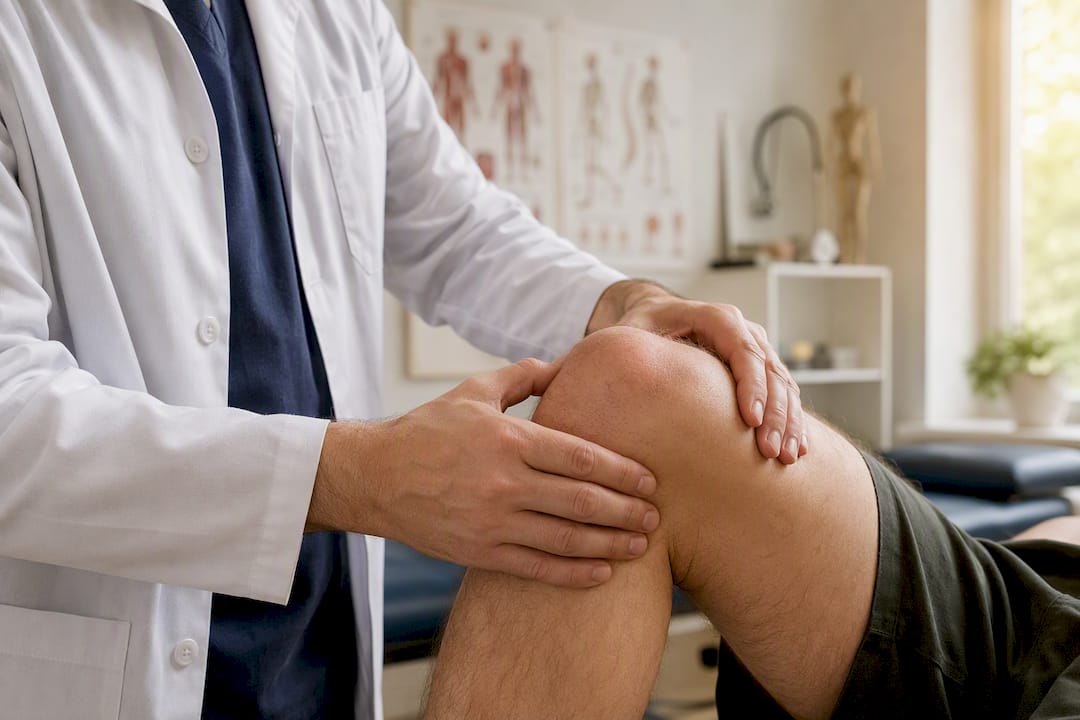 Specialista ortopedico che esamina un ginocchio gonfio
