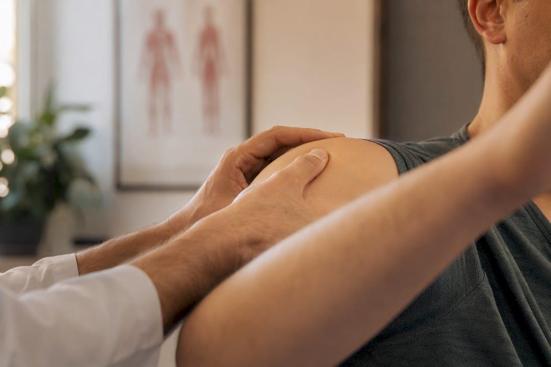 Mani che esaminano la spalla del paziente in clinica, primo piano