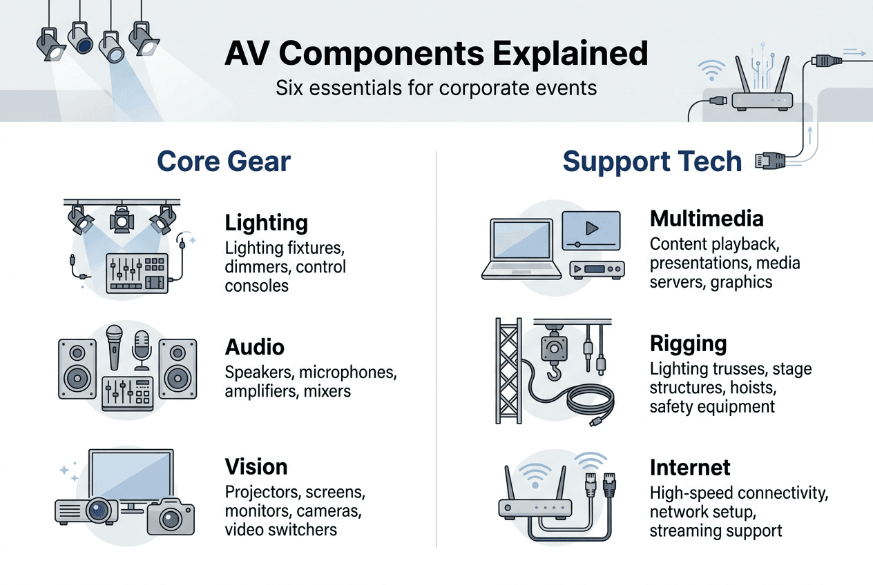 Infographic showing six AV equipment categories