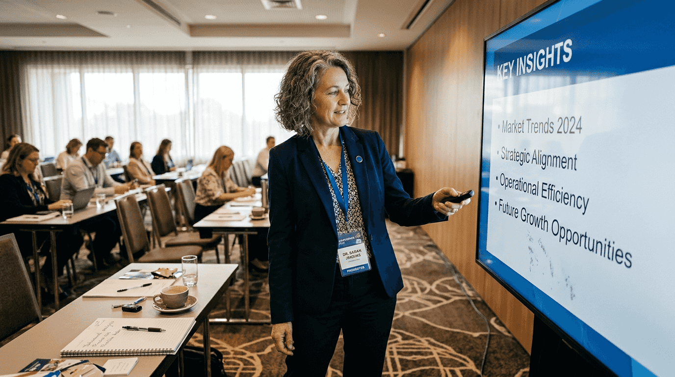Presenter using large LED display at conference
