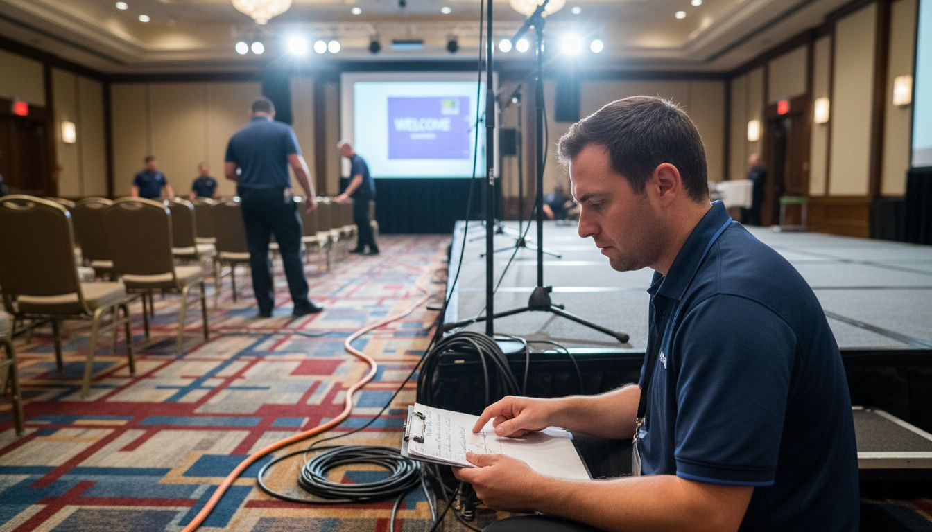 Technician preparing AV setup at corporate event