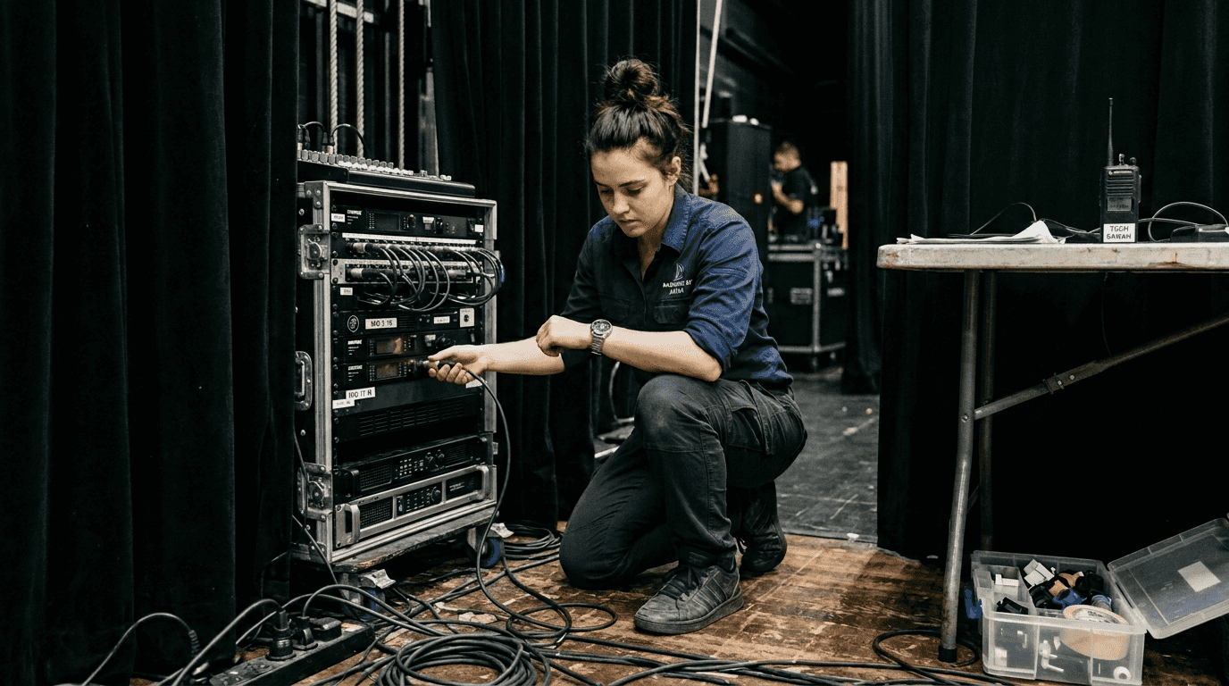 Technician troubleshooting AV equipment backstage