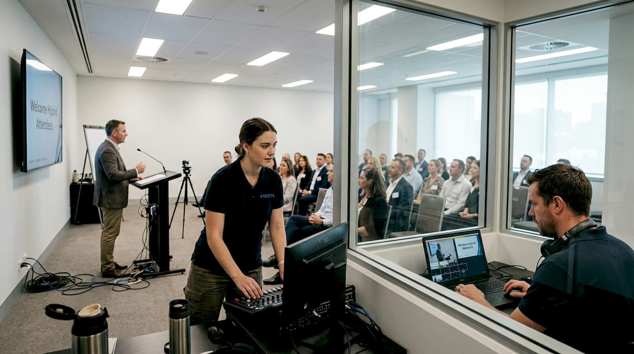 Technicians managing hybrid event in meeting room
