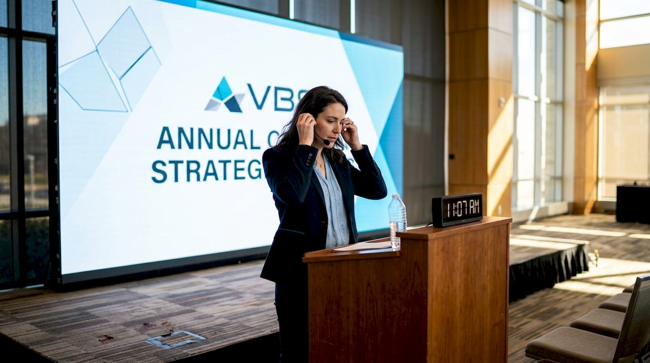 Presenter adjusts headset by LED video wall