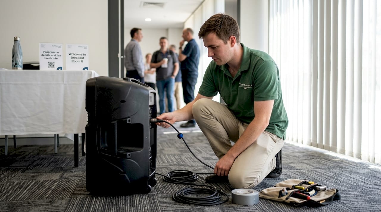 Technician checks audio cables at event setup