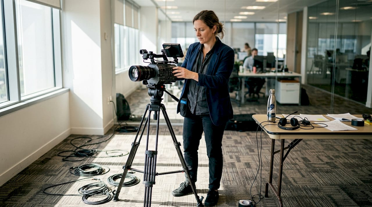 Camera operator preparing hybrid event scene