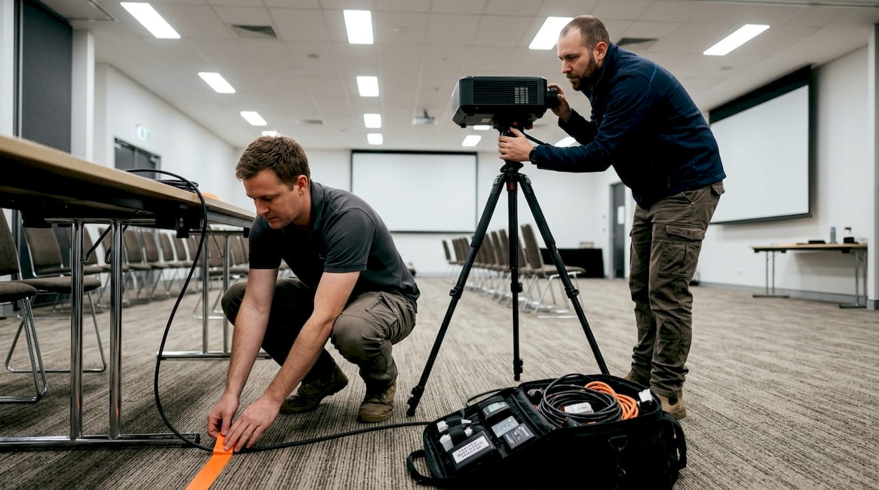 Technicians prepping AV setup for event