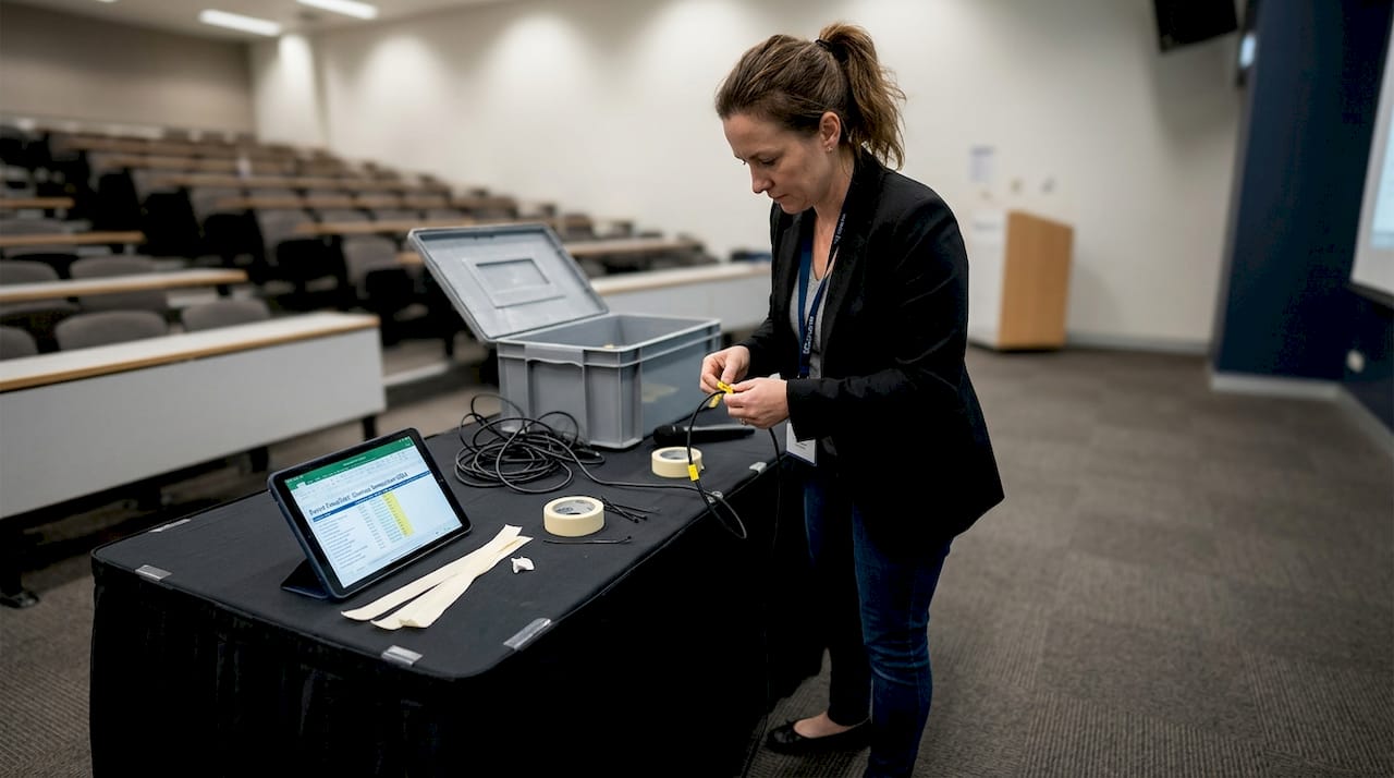 Organiser labelling AV cables before event