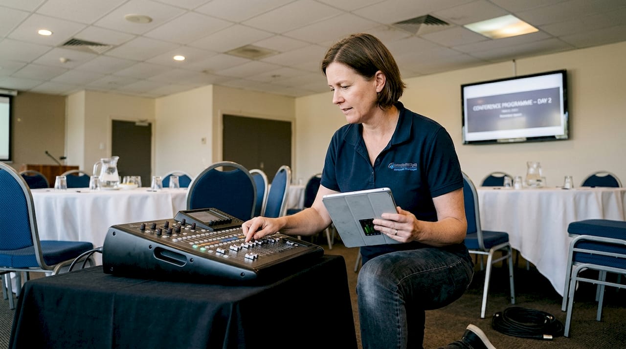 Technician adjusts AV mixer in hotel room