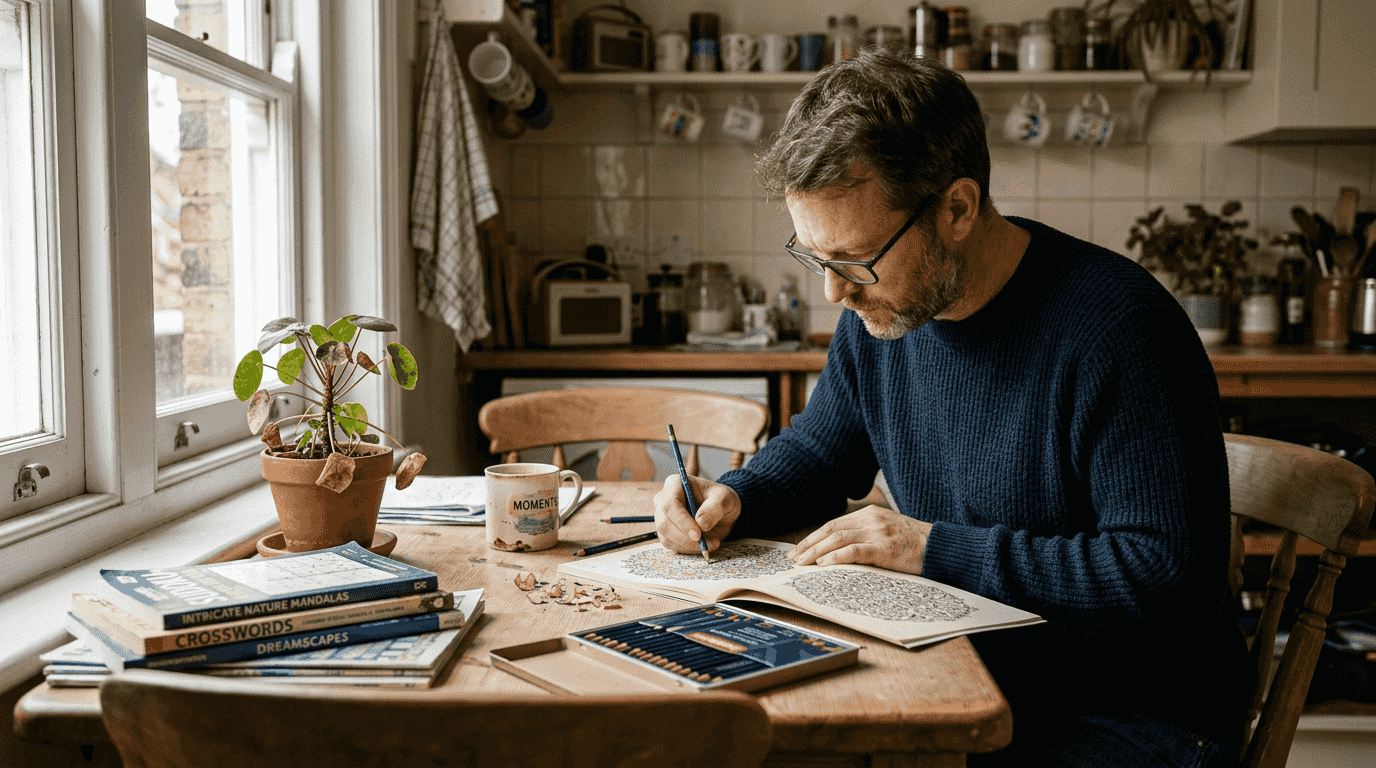 Adult coloring intricate activity book page at table