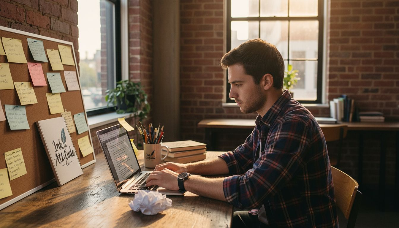Man uses prompt cards and laptop for writing