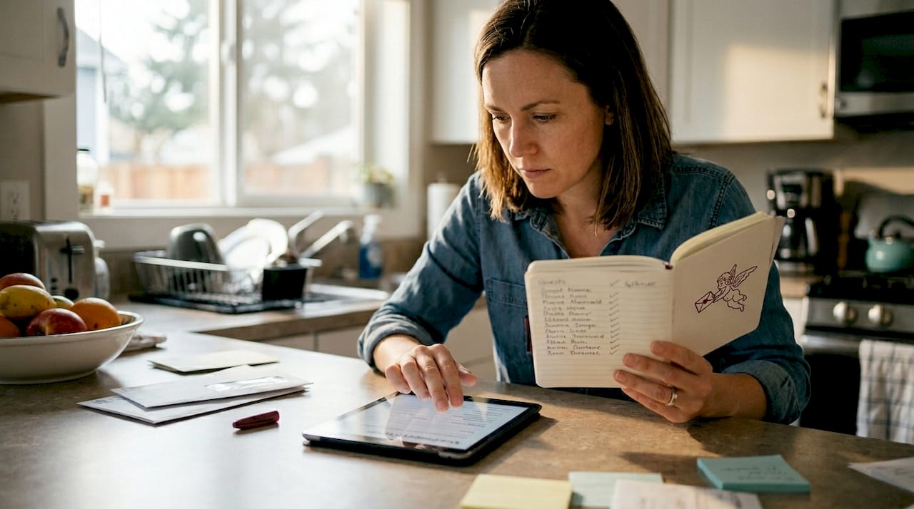 Woman checking wedding RSVP form on tablet