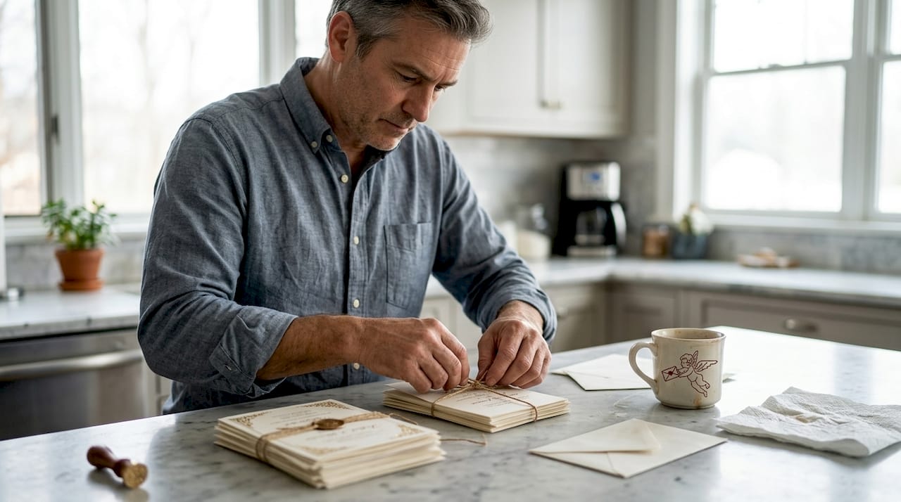 Man assembling vintage wedding invites