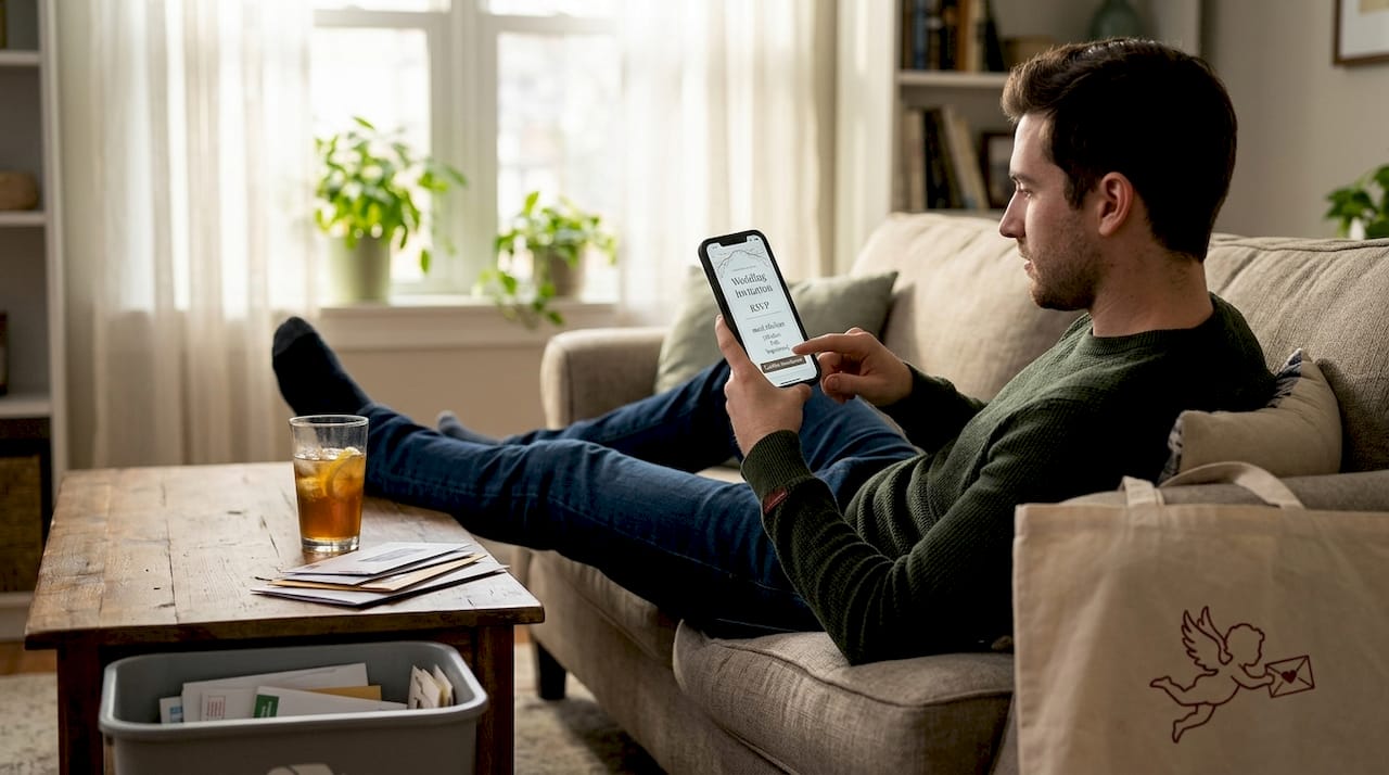 Man replying to wedding RSVP on phone