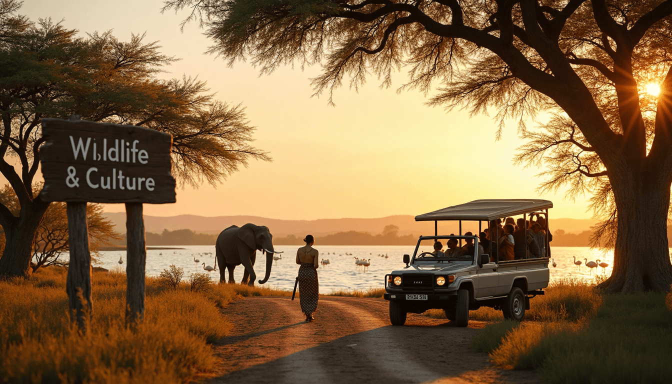 Tourists watching elephants and flamingos by Lake Manyara with Maasai guides and safari lodge sign