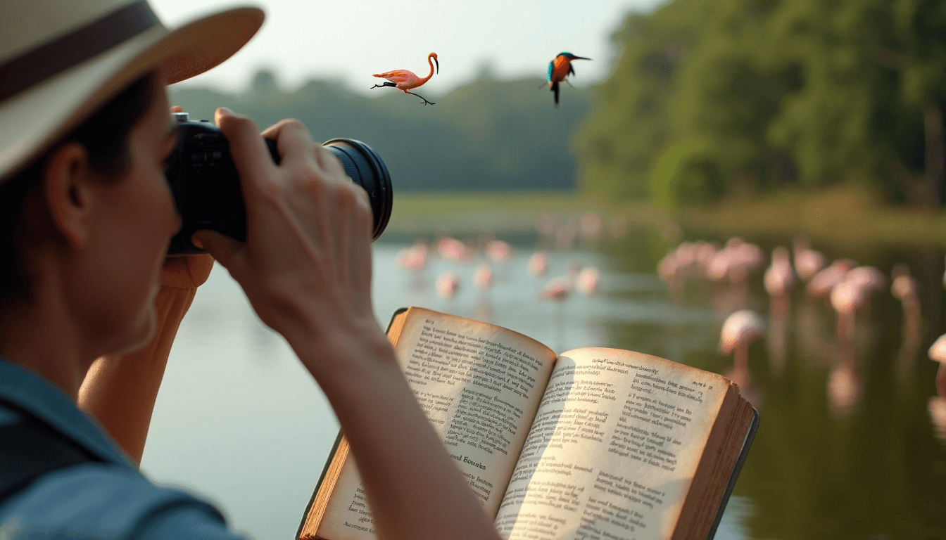 Birdwatcher observing colorful birds at Lake Manyara with open field guide