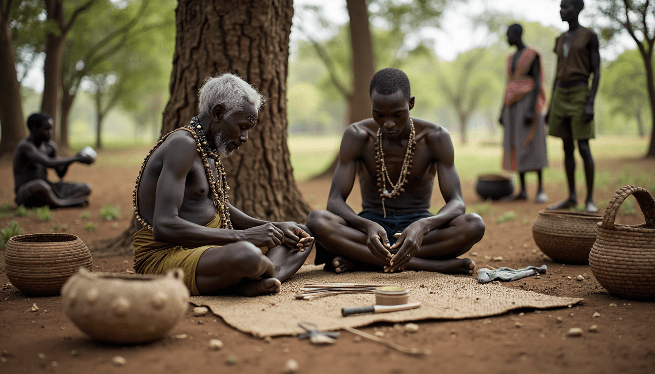 Hadzabe elder teaching arrow making to traveler, knowledge sharing scene