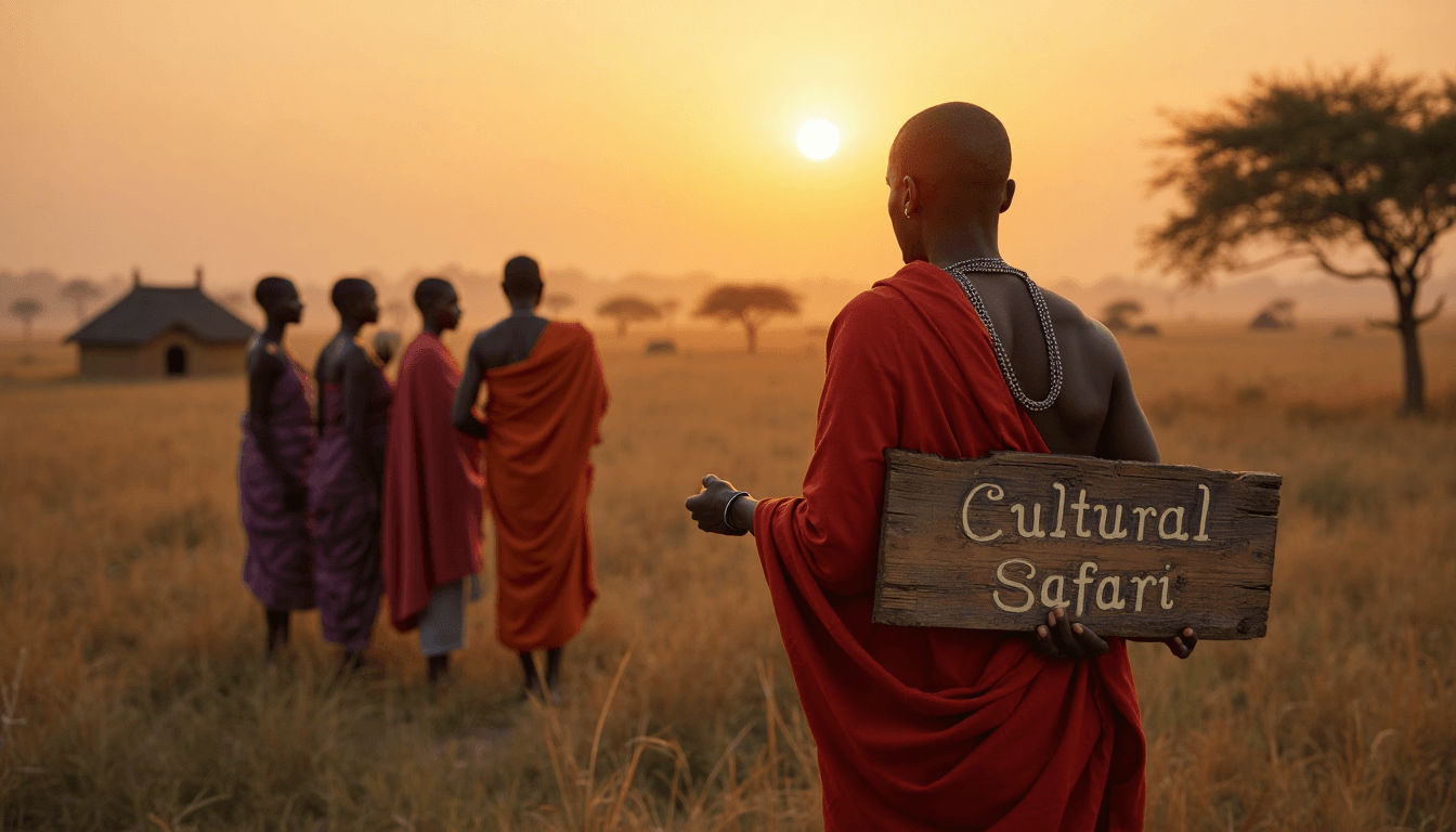 Maasai guide with travelers at sunrise on Tanzanian savanna, blending culture and adventure