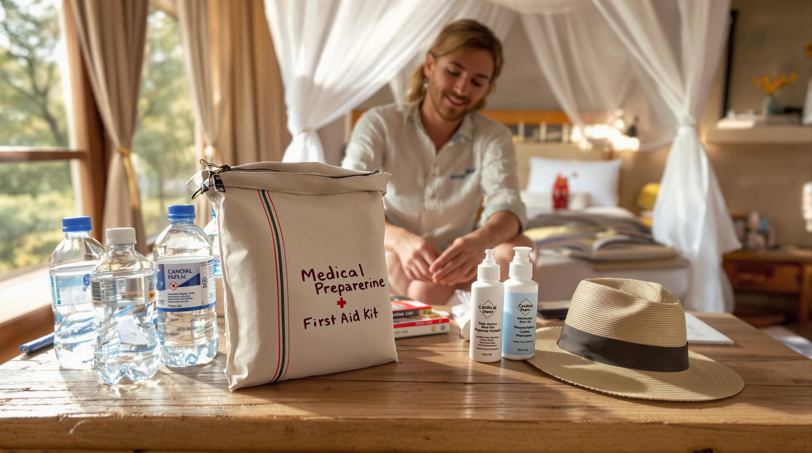 Traveler prepares personalized first aid kit in safari lodge room