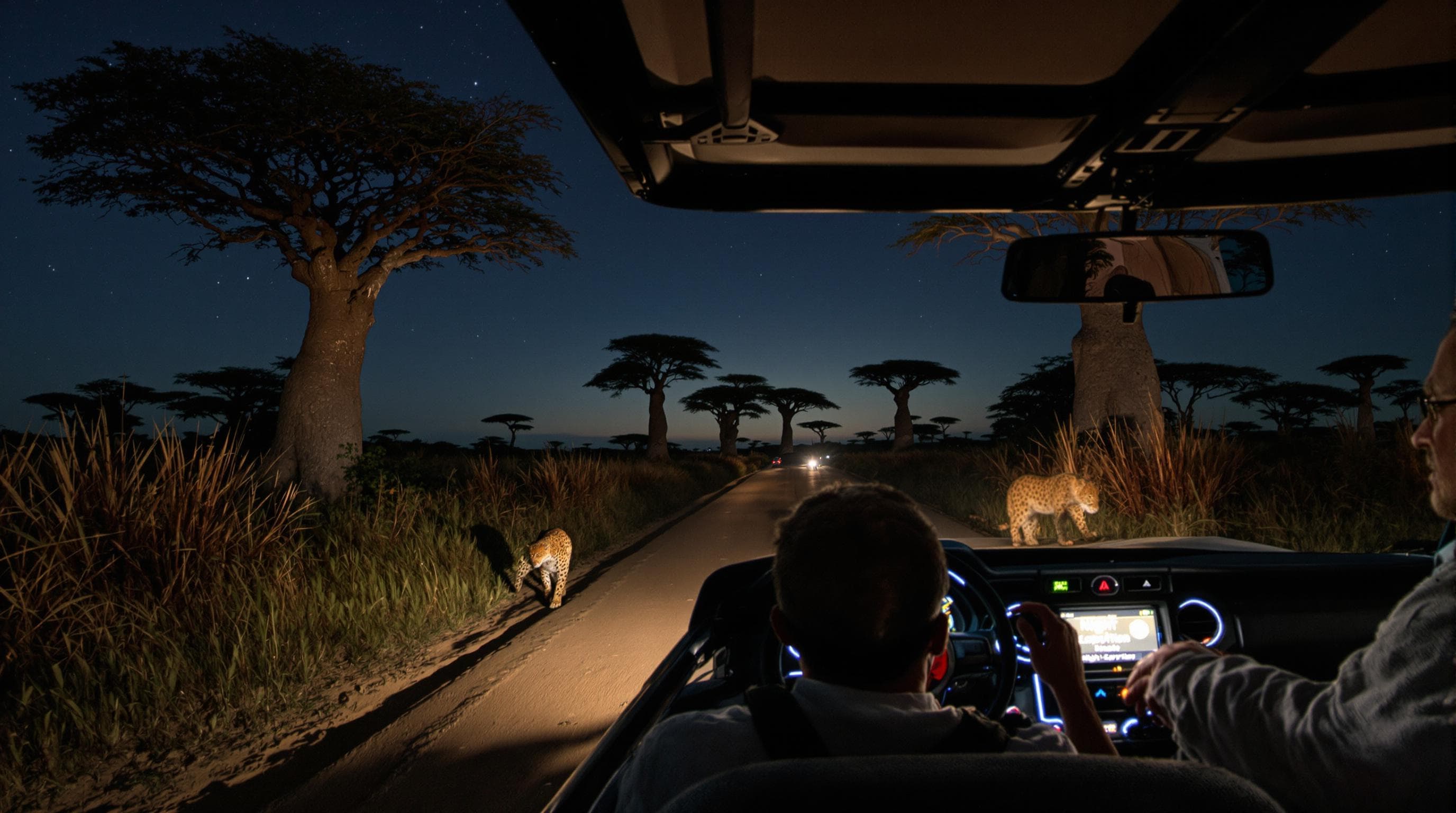 Travelers on night safari watch leopard in Tanzania under moonlight