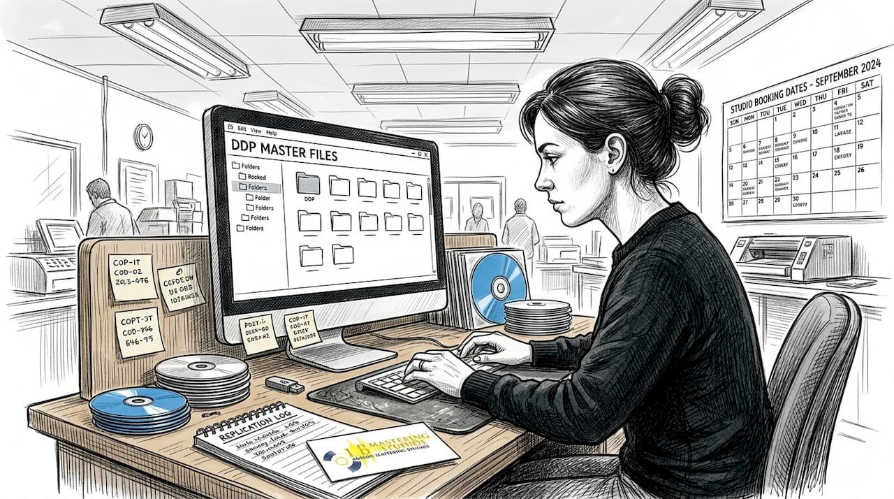 Technician reviewing CD mastering deliverables