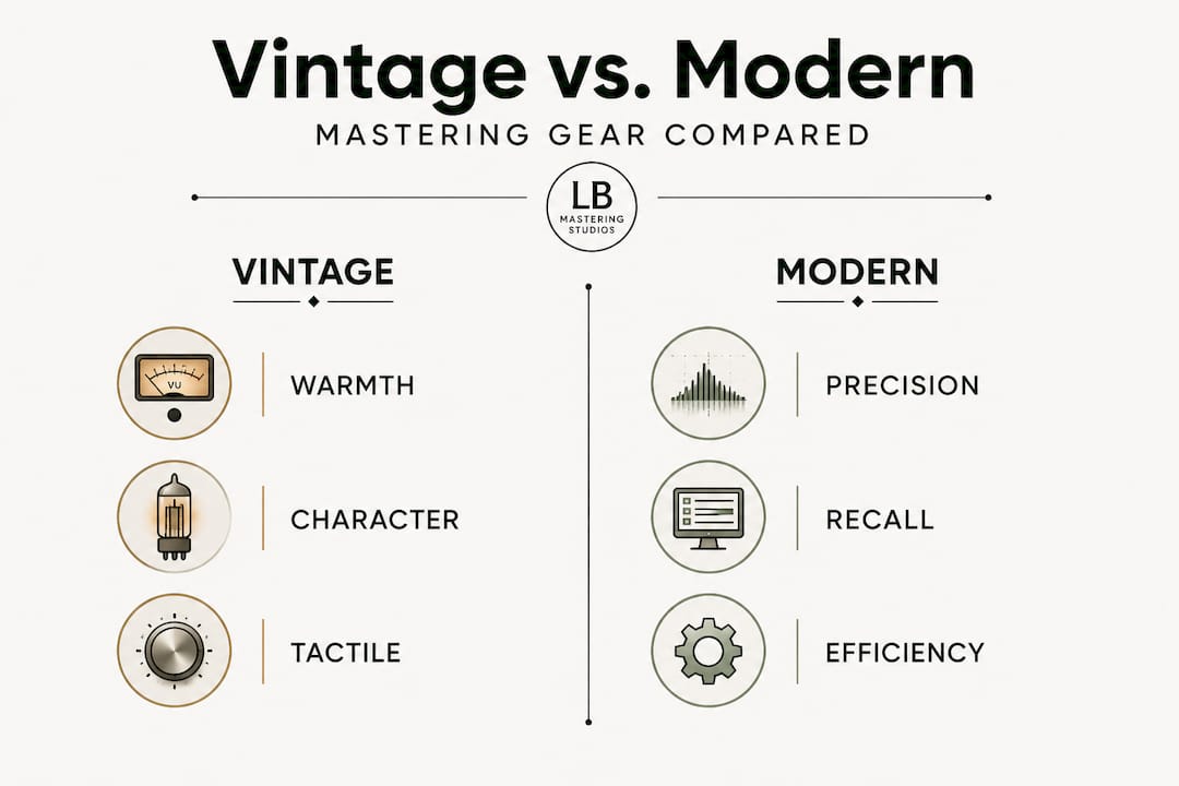 Infographic comparing vintage and modern mastering gear