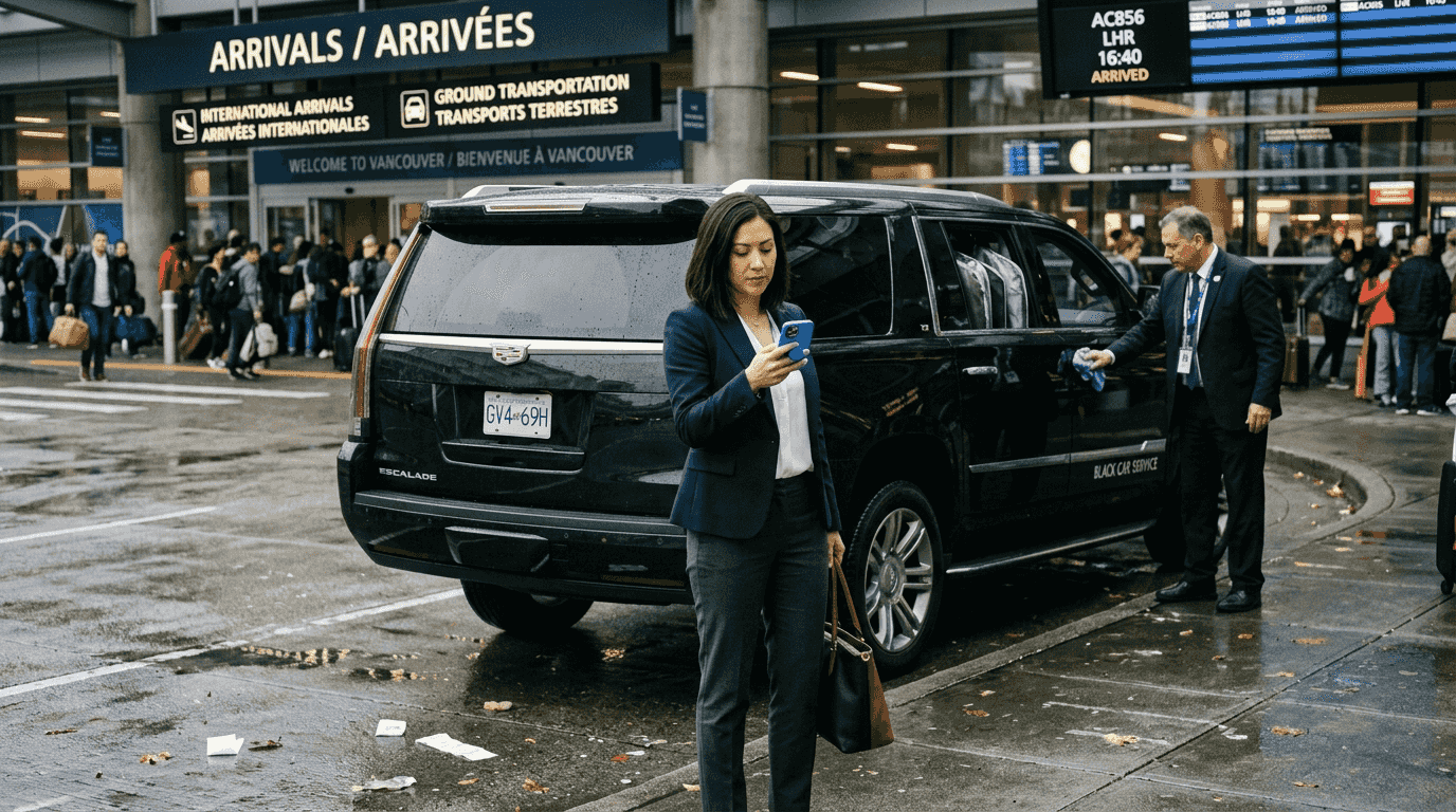 Executive beside luxury SUV at Vancouver airport