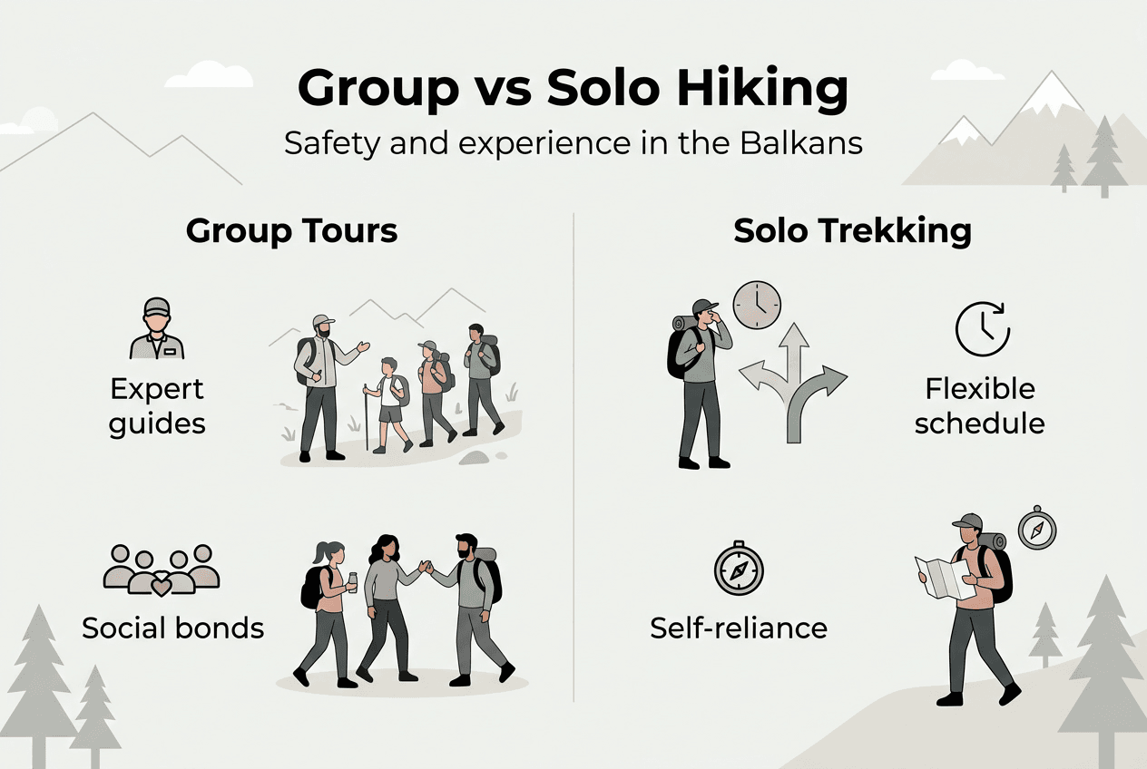 Infografik zum Vergleich der Vorteile von Gruppen- und Alleinwanderungen