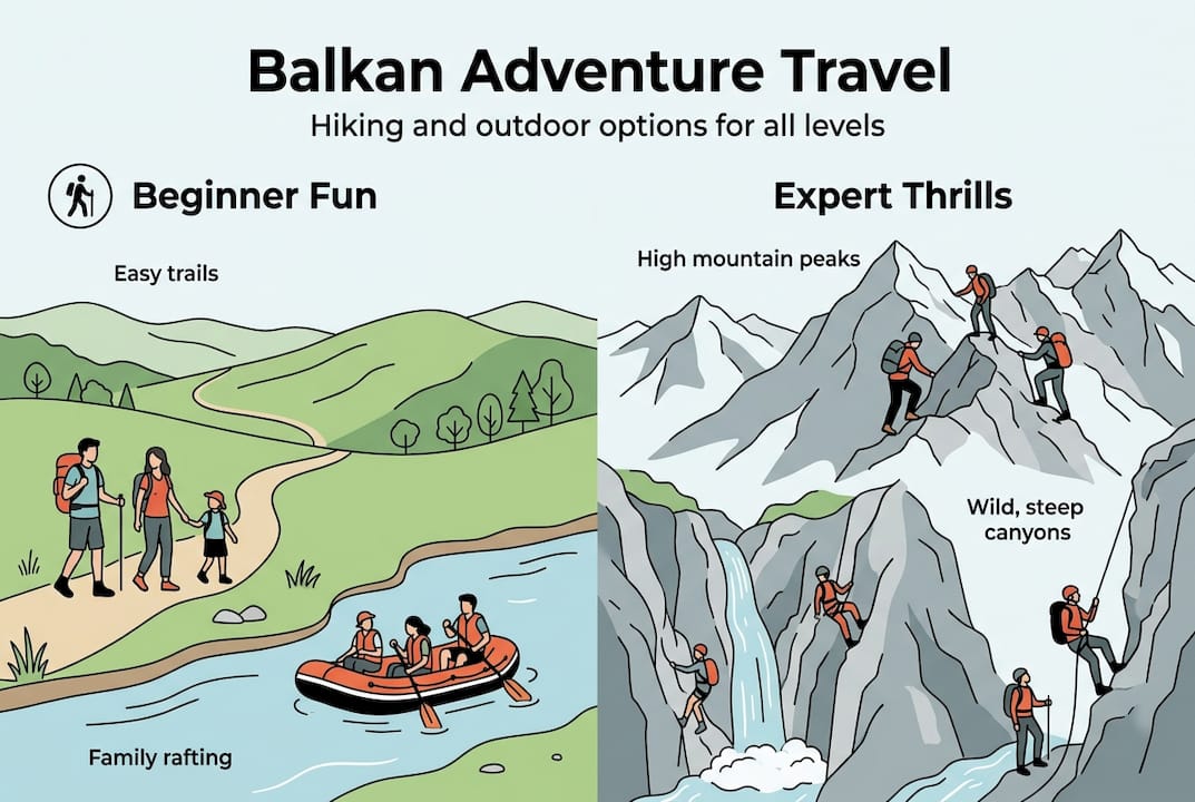 Infografik zu Outdoor-Abenteuerstufen auf dem Balkan