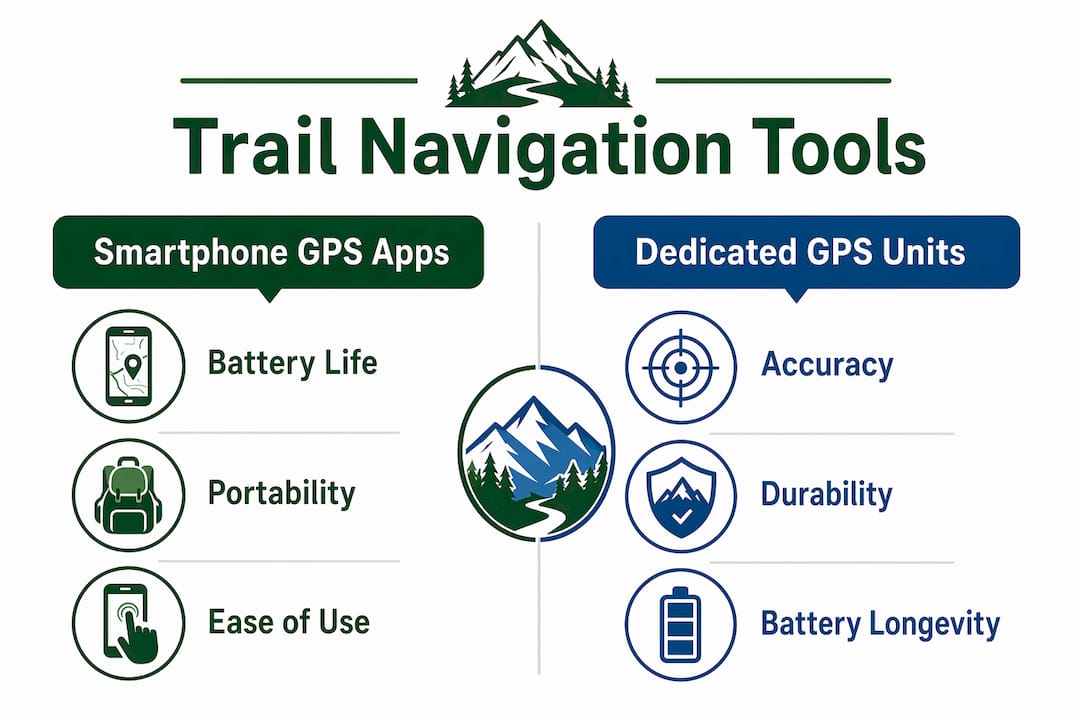 Infographic comparing smartphone apps and GPS units for trail navigation