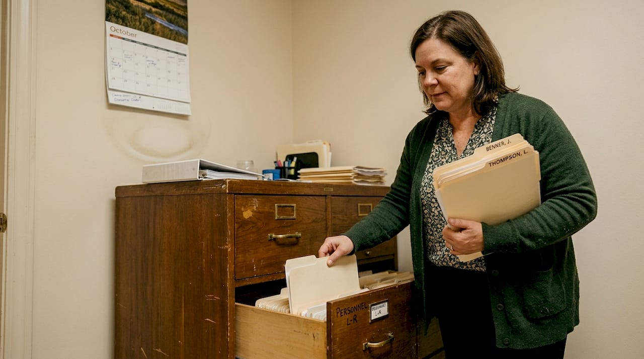 Office worker organizes employee file folders