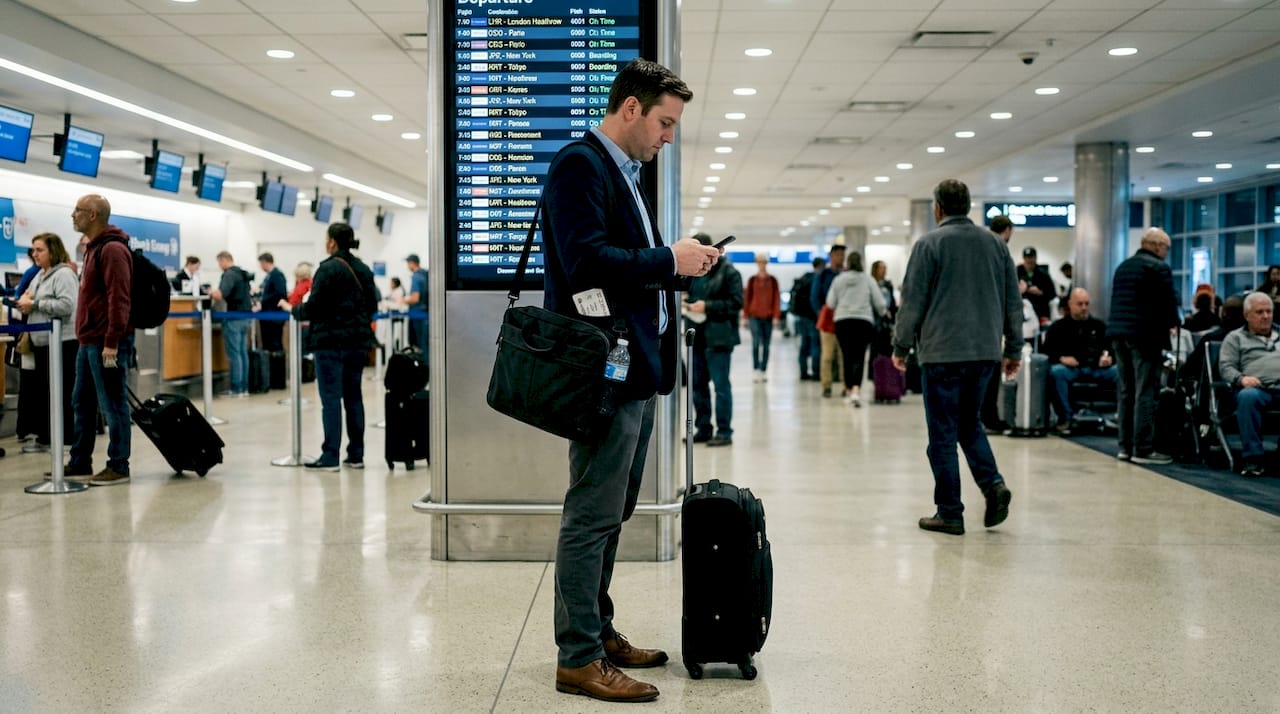 1775105399559 Employee waiting with suitcase at airport Types of employee relocation: solutions for HR and compliance Employee waiting with suitcase at airport
