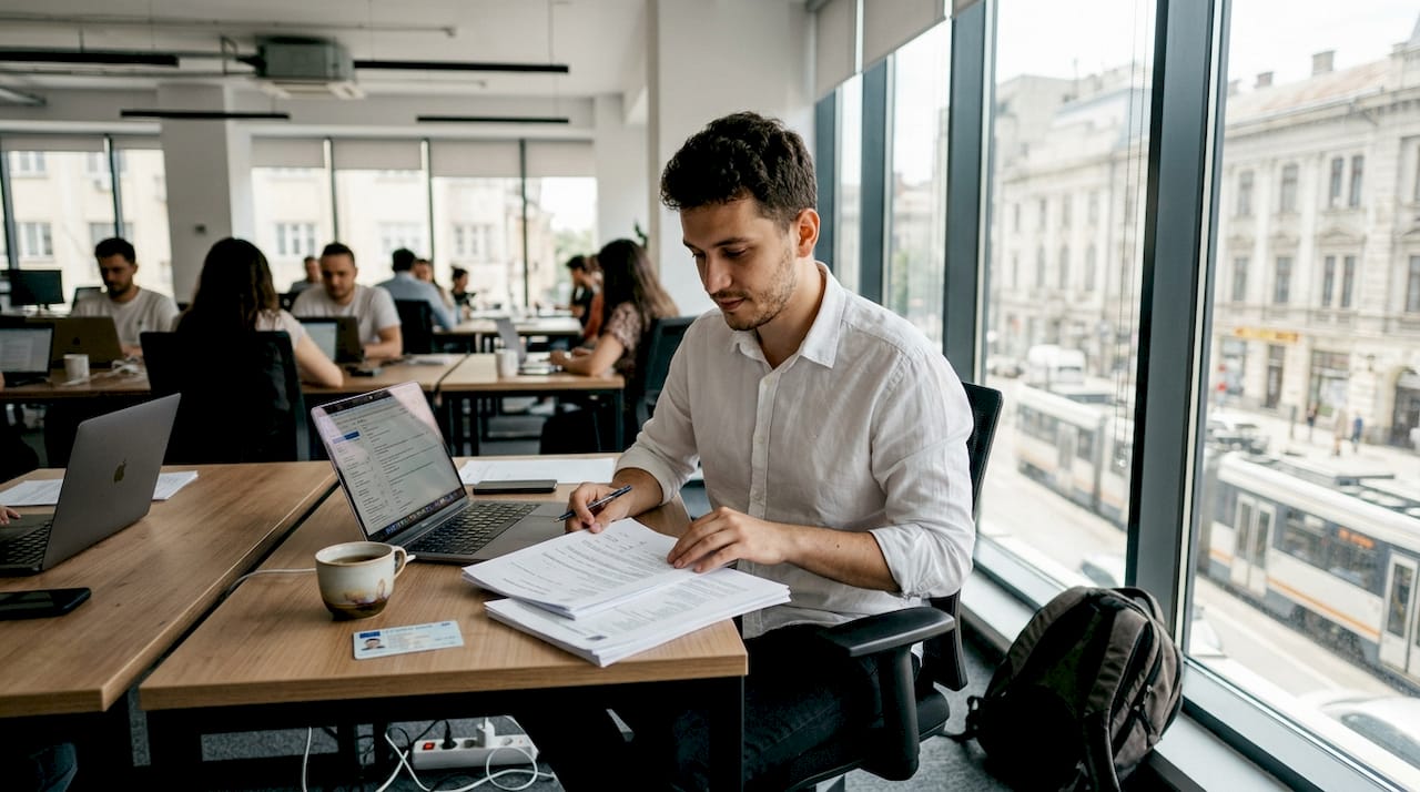 EU Blue Card worker reviewing documents at desk